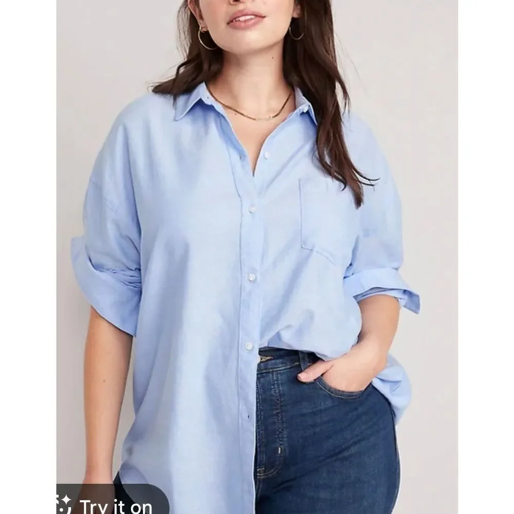 Old Navy blue oversized boyfriend button down size large - Picture 1 of 8
